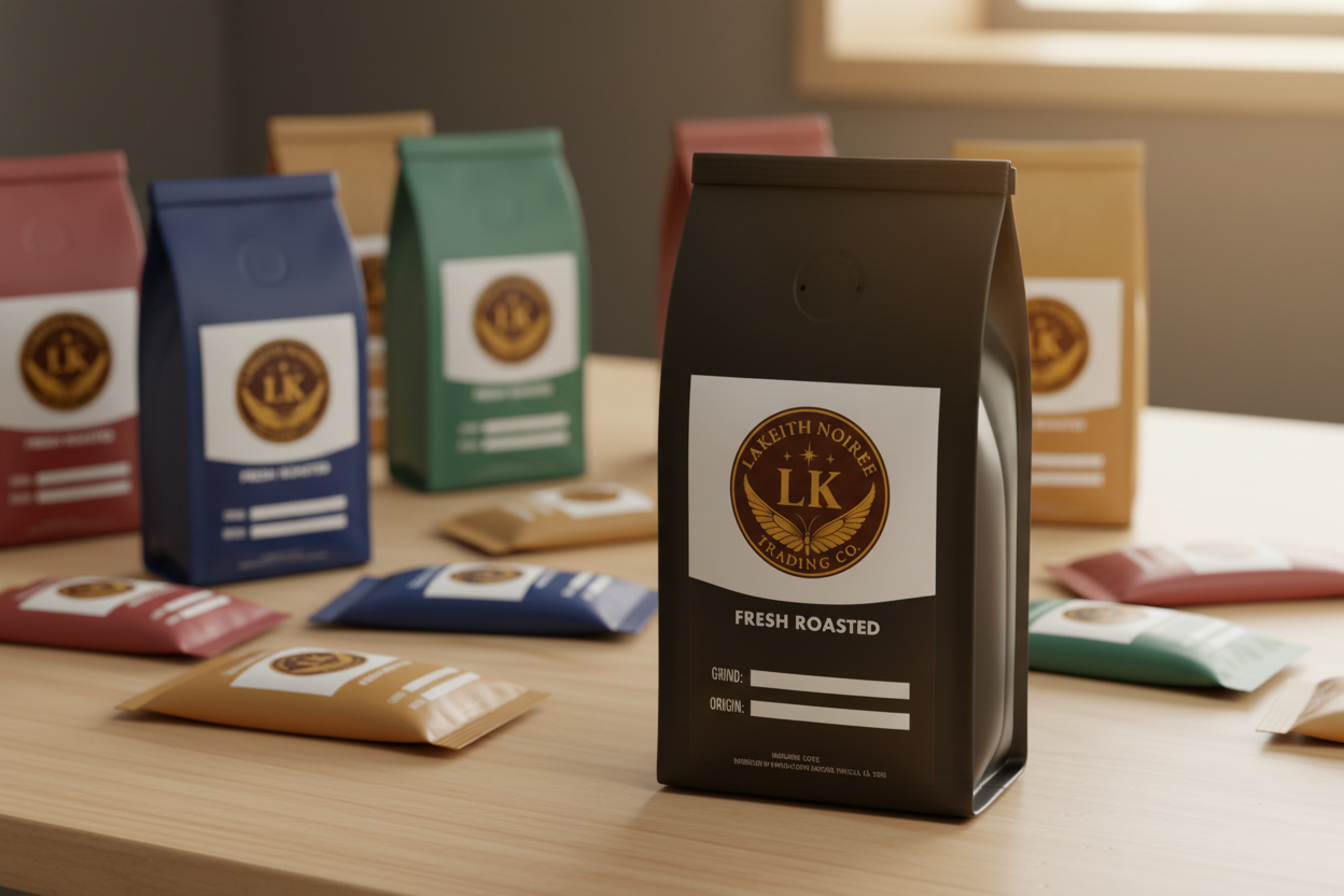 Coffee sample packs with LaKeith Noirée Trading Company branded bag