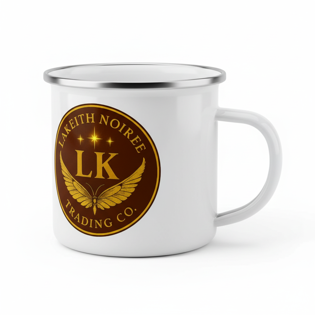 Silver Rim White Enamel Mug 12 oz front view - LaKeith Noirée Trading Company Logo - Drinkware