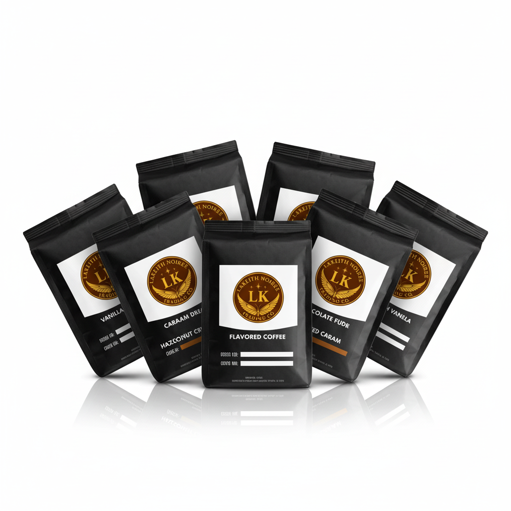 Flavored Coffees Sample Pack with vanilla, caramel, hazelnut, and chocolate varieties - LaKeith Noirée Trading Company.