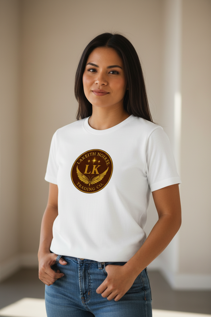 Latina woman wearing white LaKeith Noirée short sleeve t-shirt with LKTC logo centered on chest