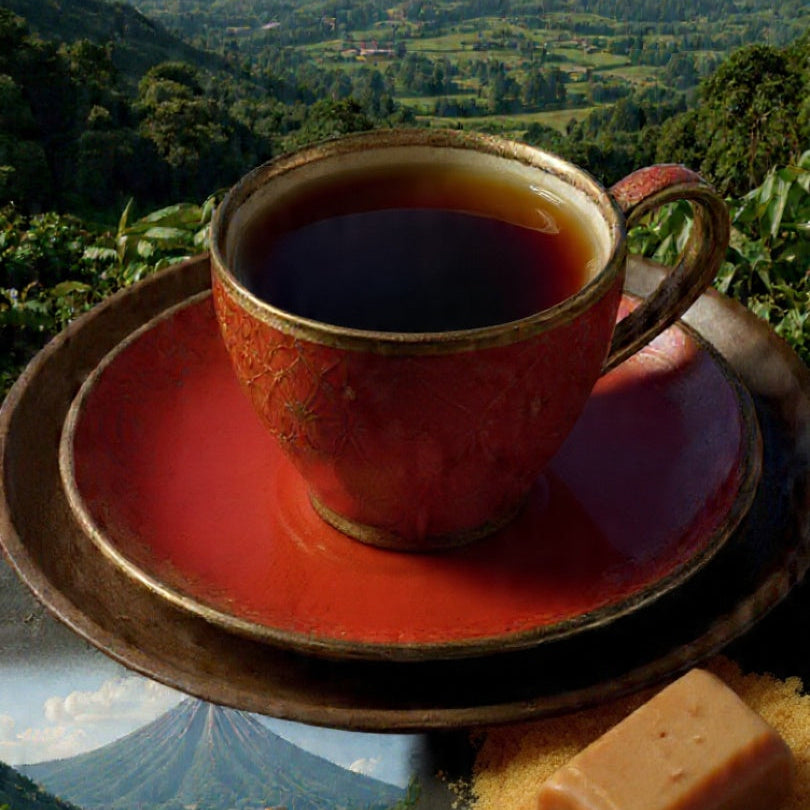 Cup of Uganda Arabica coffee on saucer with Rwenzori Mountains in background - Ethically sourced single-origin with brown sugar and caramel notes