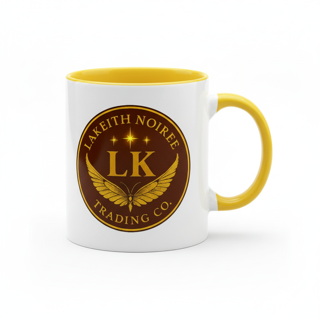 Yellow interior & handle - "White ceramic mug with yellow interior and handle - LaKeith Noirée Trading Company drinkware