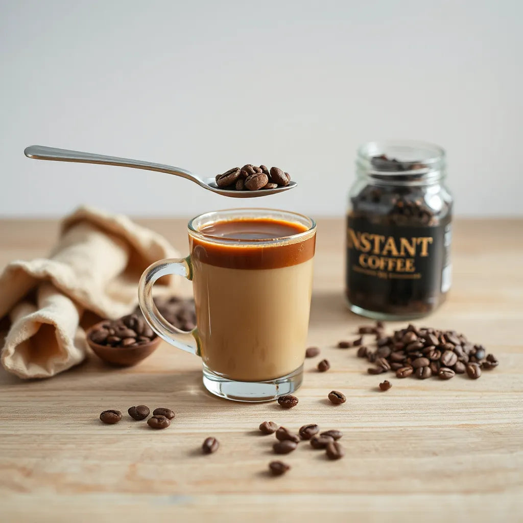 Glass cup of instant coffee with a spoonful of coffee granules on a minimal wooden surface