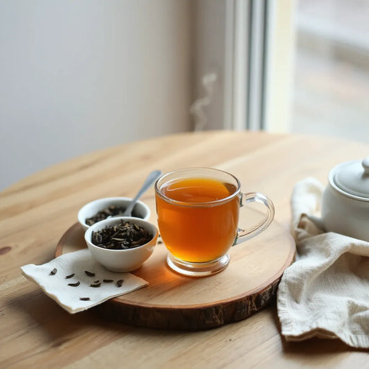 Warm cup of tea with loose leaves on a wooden table under soft natural light