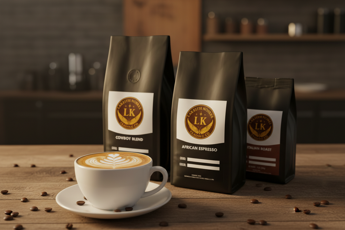 Creamy latte with foam art next to LaKeith Noirée Trading Company bold coffee bags including Cowboy Blend, African Espresso, and Italian Roast on a warm, inviting background.