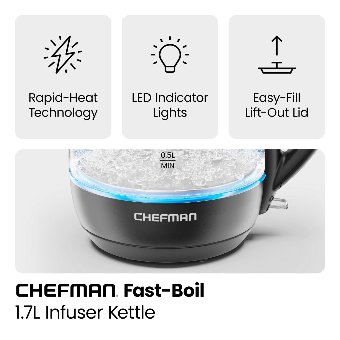 Chefman Electric Kettle with Tea Infuser, 1L 1500W, Removable Lid for Easy Cleaning, Boil-Dry Protection, Stainless Steel Filter, BPA Free, Auto Shut Off Hot Water Boiler, Small Electric Tea Kettle