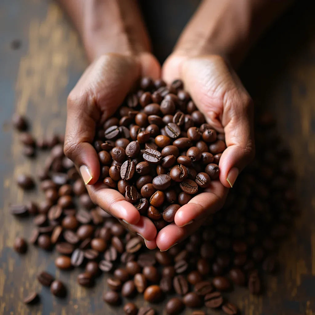 Close-up of hands holding medium roast Ugandan Arabica coffee beans from Rwenzori Mountains. 