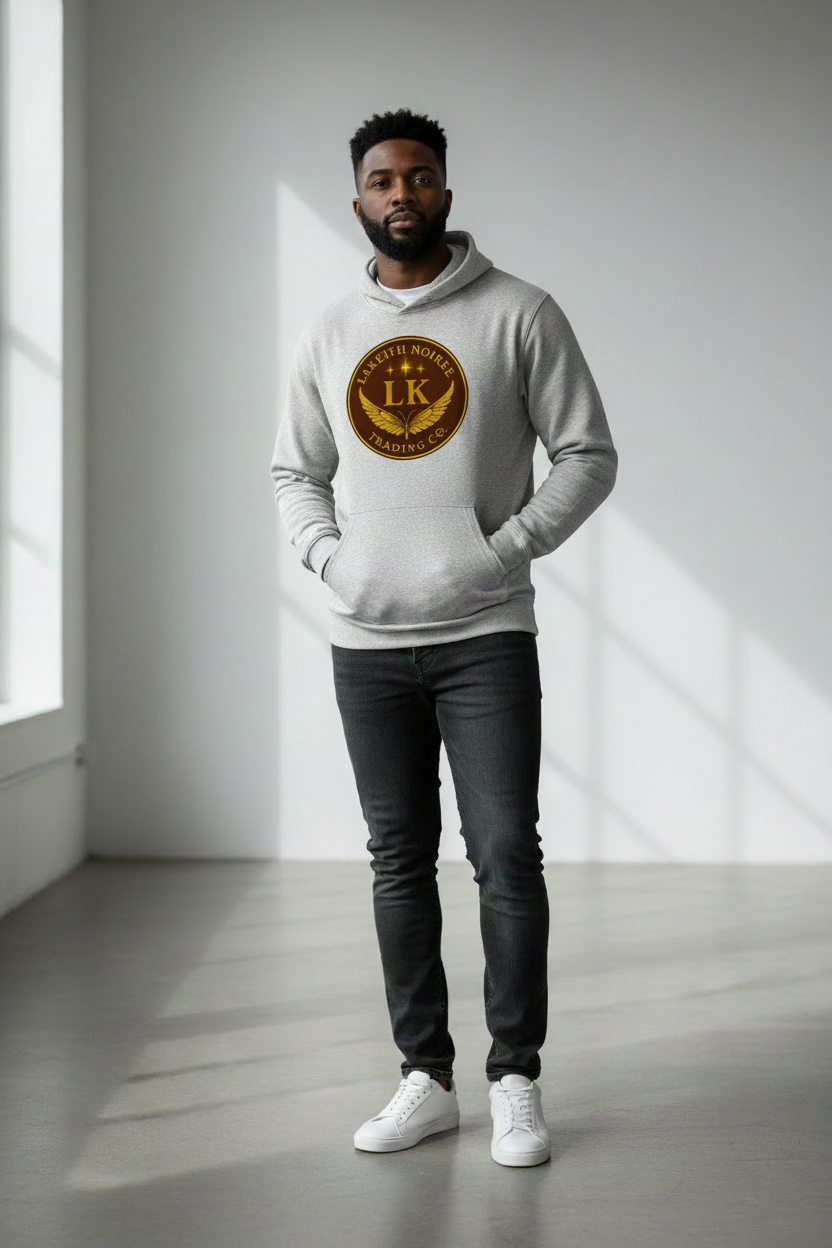 African American man wearing athletic heather LaKeith Noirée unisex hooded sweatshirt with front pouch pocket, no drawstrings, and LKTC logo centered on chest