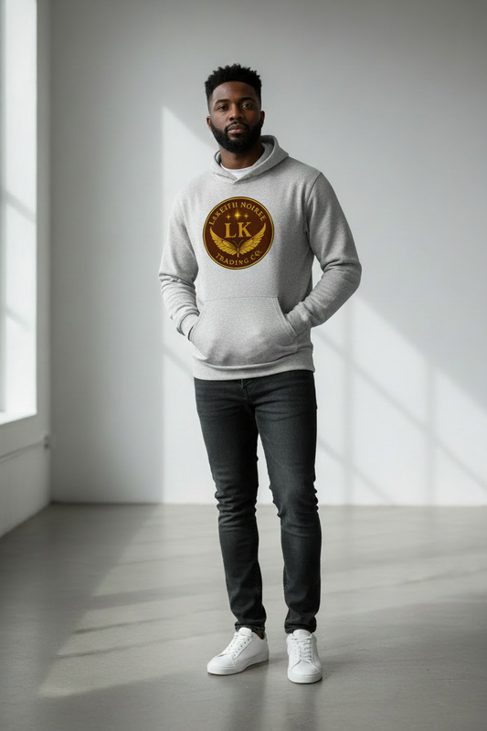 African American man wearing athletic heather LaKeith Noirée unisex hooded sweatshirt with front pouch pocket, no drawstrings, and LKTC logo centered on chest