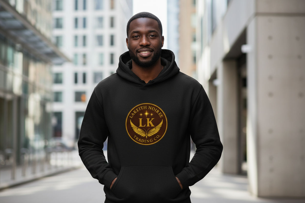 African American man wearing black LaKeith Noirée hoodie without drawstrings