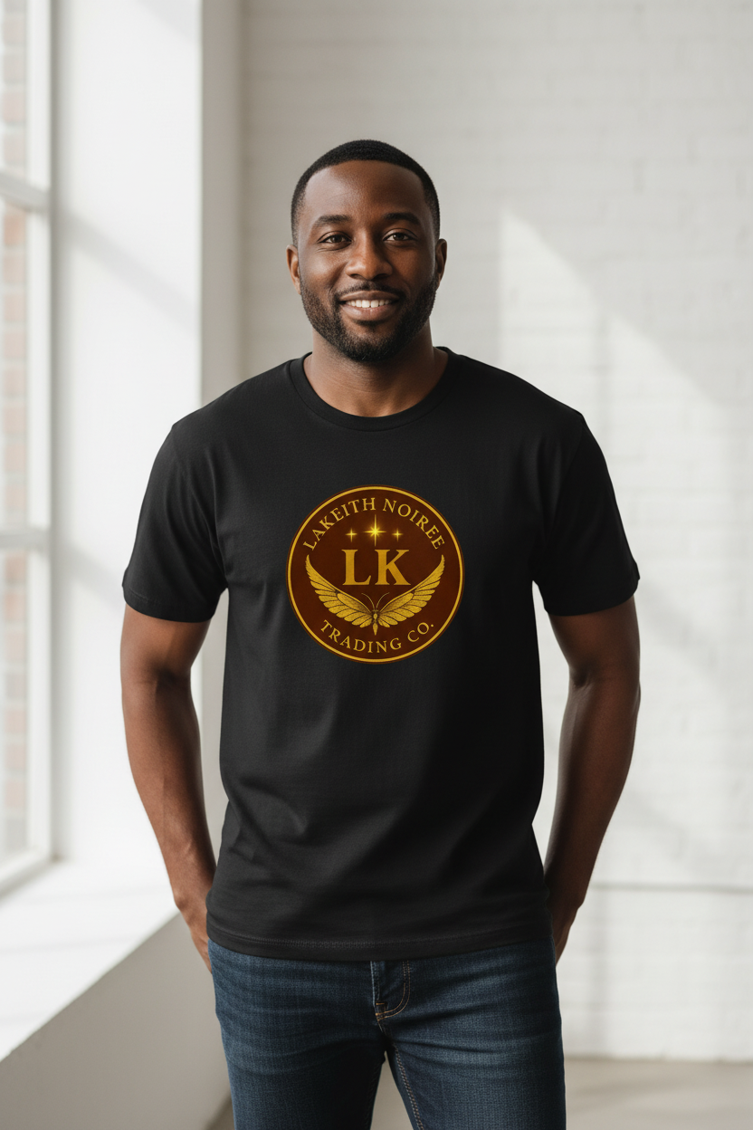 African American man wearing black LaKeith Noirée men's premium heavyweight t-shirt with LKTC logo centered on chest