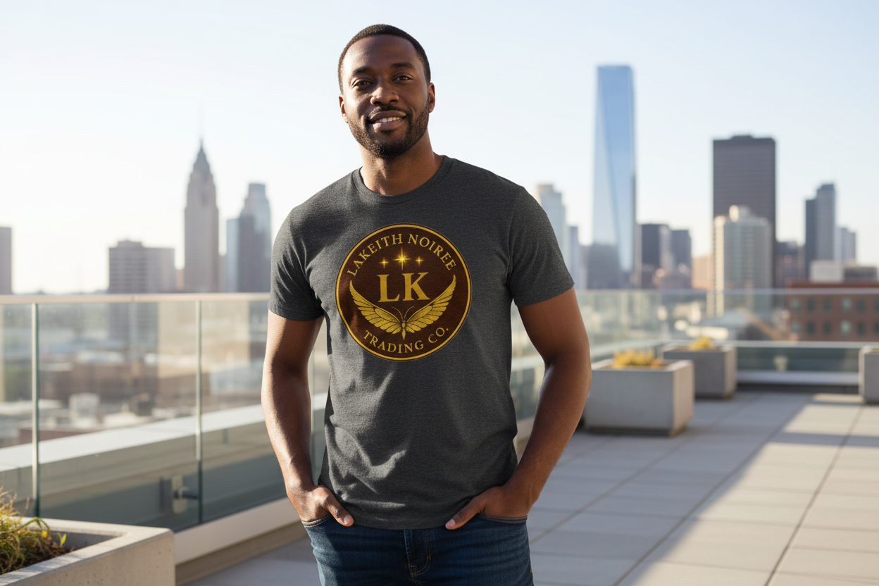 African American man wearing dark heather grey LaKeith Noirée t-shirt