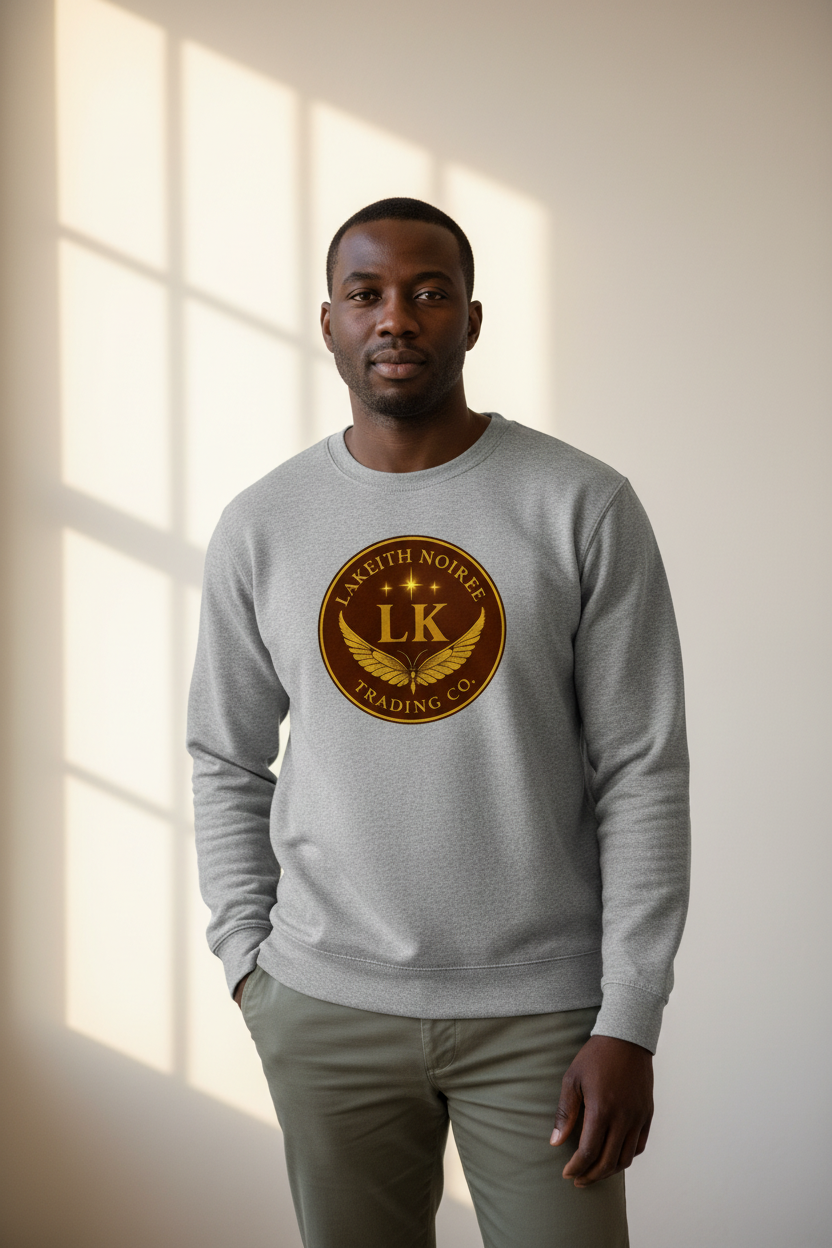 African American man wearing grey melange LaKeith Noirée unisex organic sweatshirt with LKTC logo centered on chest