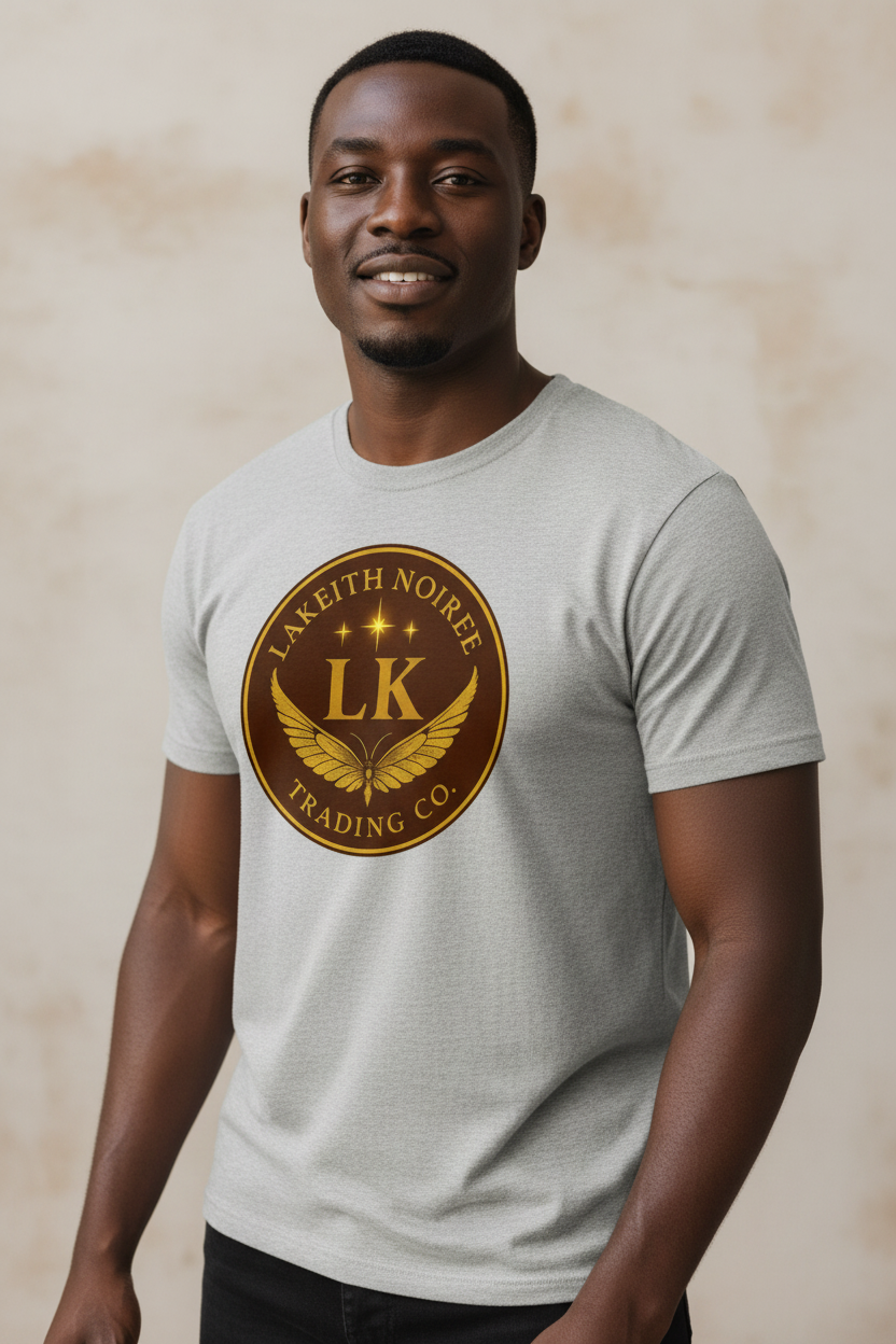 African American man wearing heather grey LaKeith Noirée short sleeve t-shirt with LKTC logo centered on chest