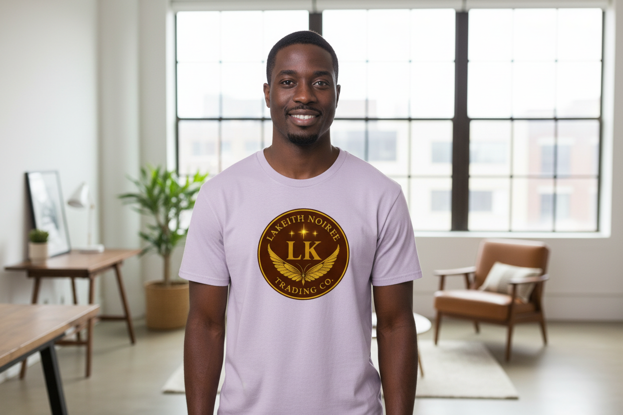 African American man wearing lavender LaKeith Noirée t-shirt