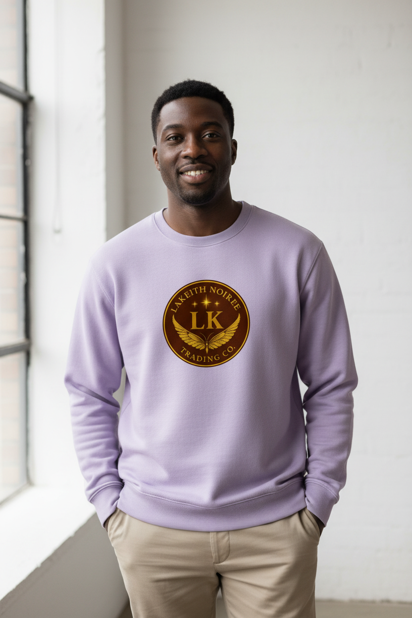 African American man wearing lavender LaKeith Noirée unisex premium sweatshirt with LKTC logo centered on chest