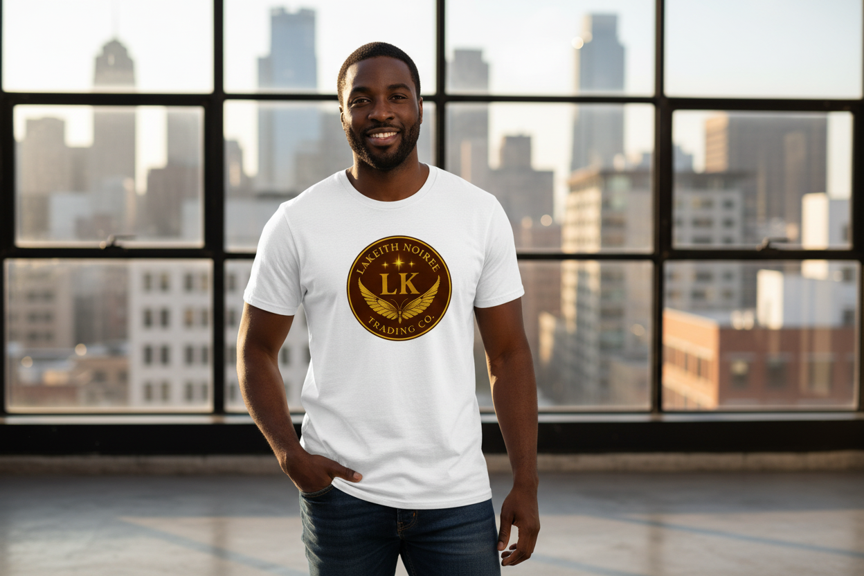 African American man wearing white LaKeith Noirée t-shirt