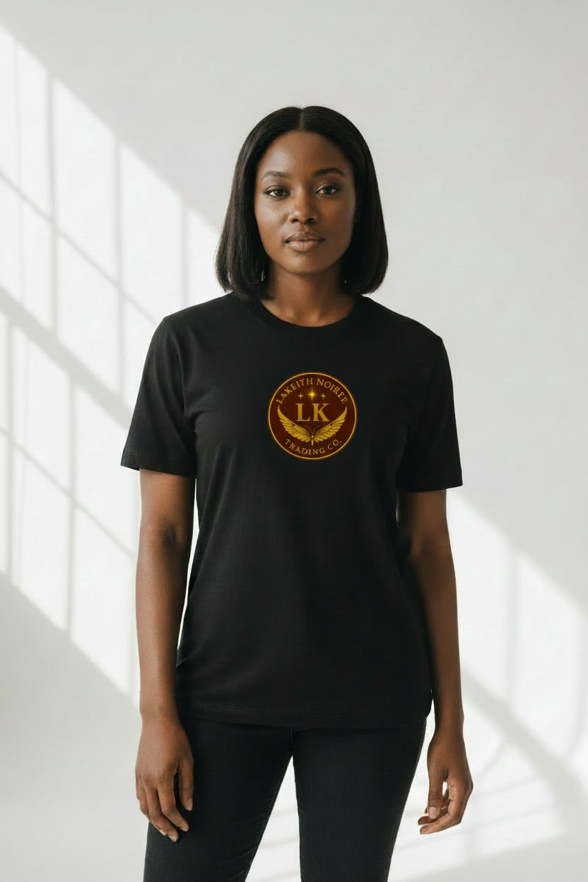 African American woman wearing black LaKeith Noirée short sleeve t-shirt with LKTC logo centered on chest