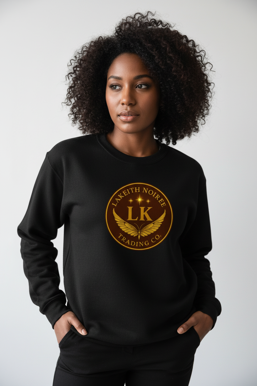 African American woman wearing black LaKeith Noirée unisex organic sweatshirt with LKTC logo centered on chest