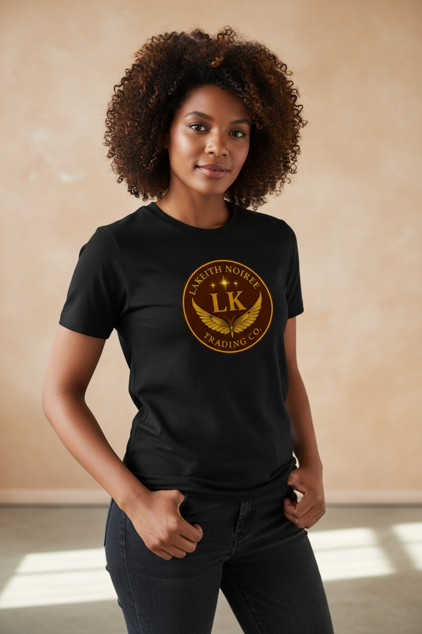 African American woman wearing black LaKeith Noirée unisex premium t-shirt with LKTC logo centered on chest