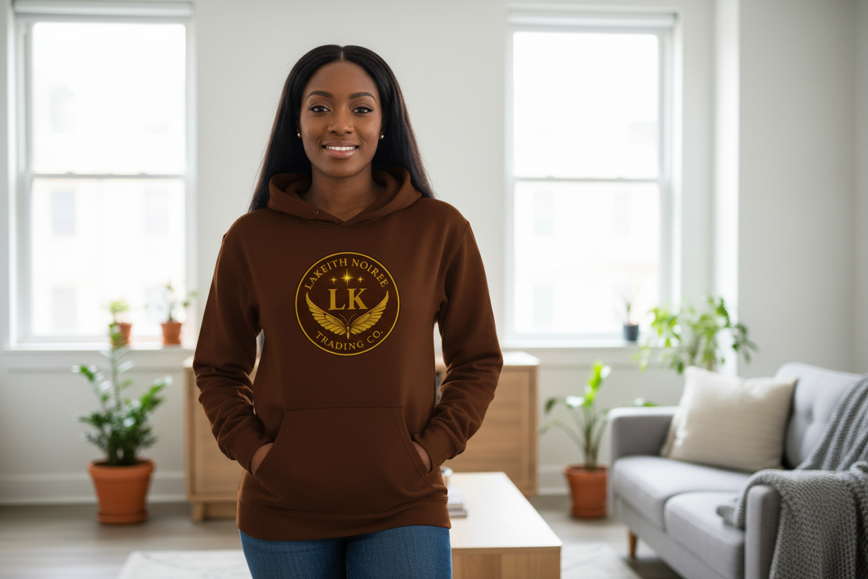 African American woman wearing chestnut LaKeith Noirée hoodie
