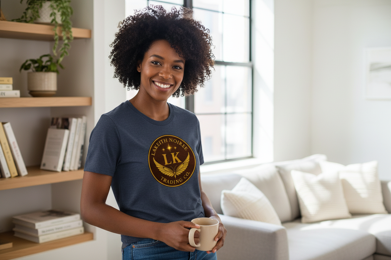 African American woman wearing dark heather blue LaKeith Noirée t-shirt