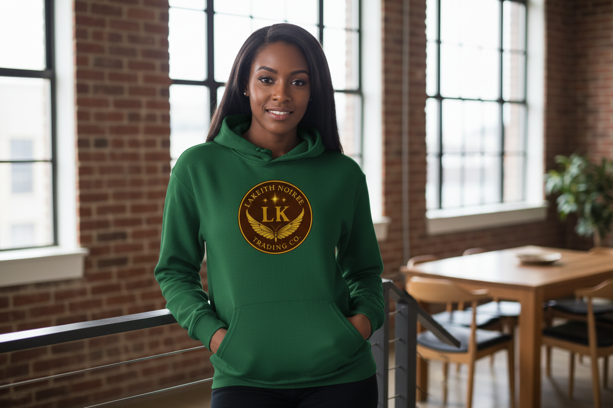 African American woman wearing pine green LaKeith Noirée hoodie