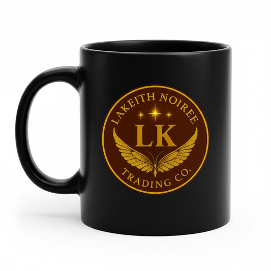 All Black Mug Left Side - LaKeith Noirée Trading Company Logo - Premium Drinkware
