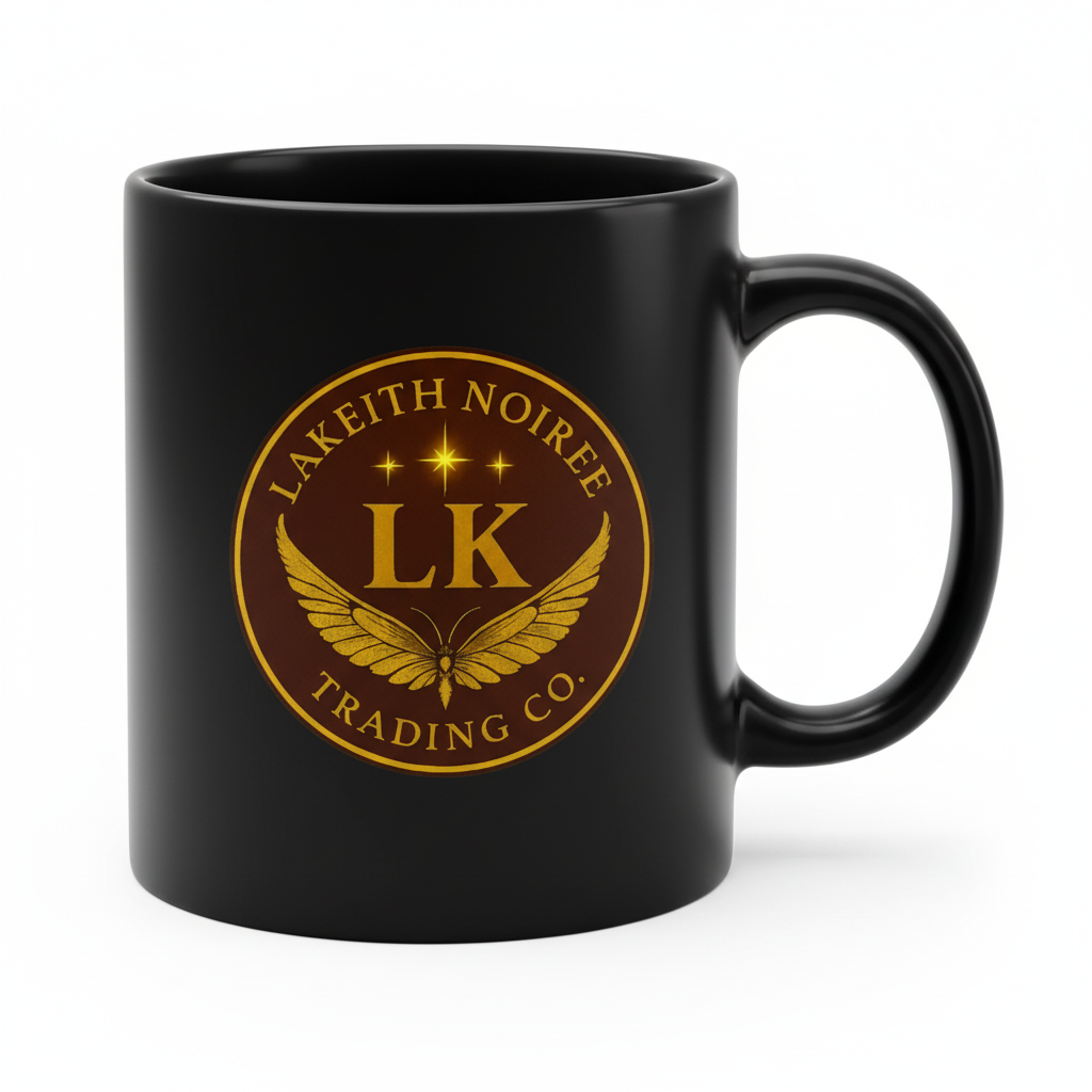 All Black Mug Right Side - LaKeith Noirée Trading Company Logo - Premium Drinkware