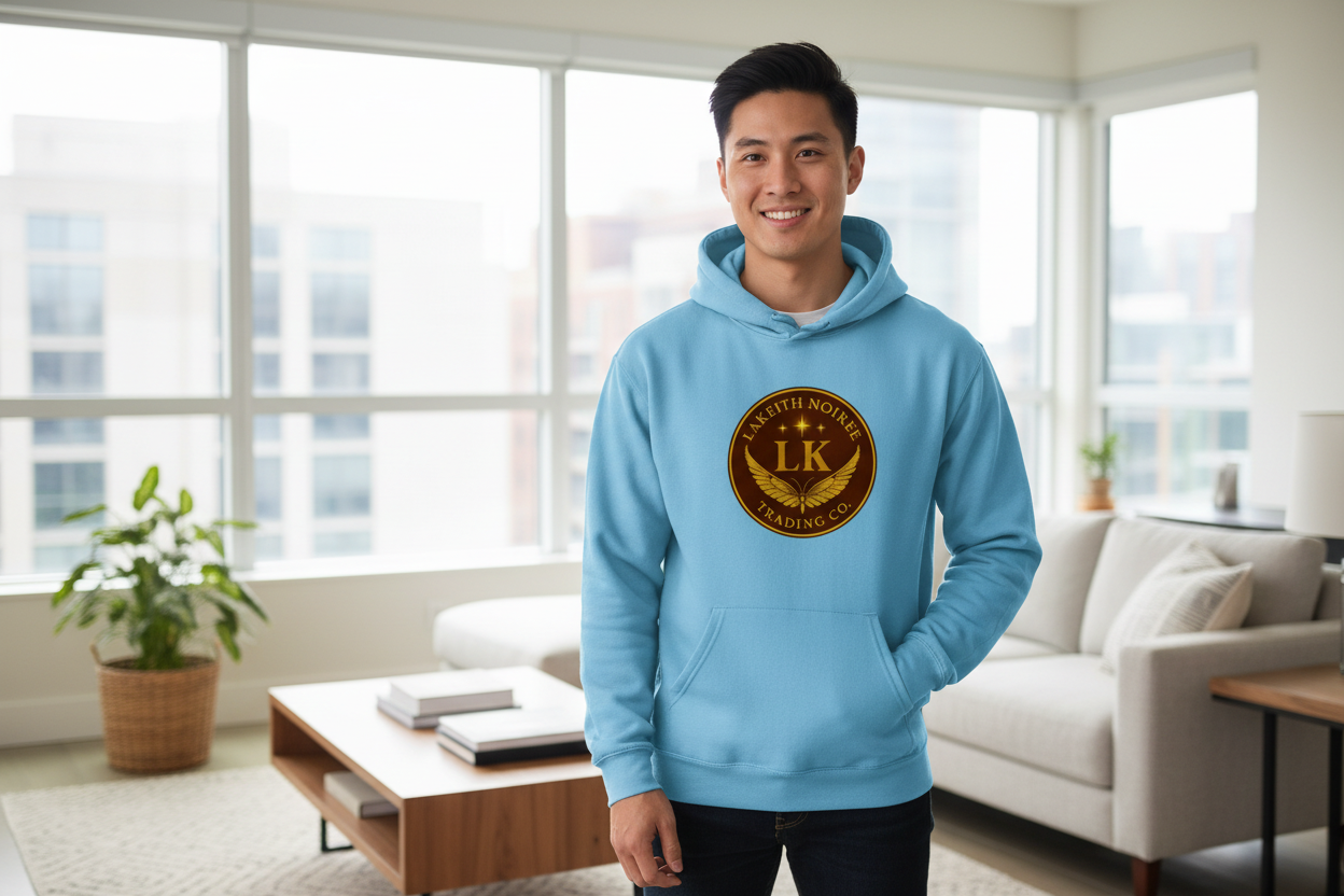 Asian man wearing carolina blue LaKeith Noirée hoodie