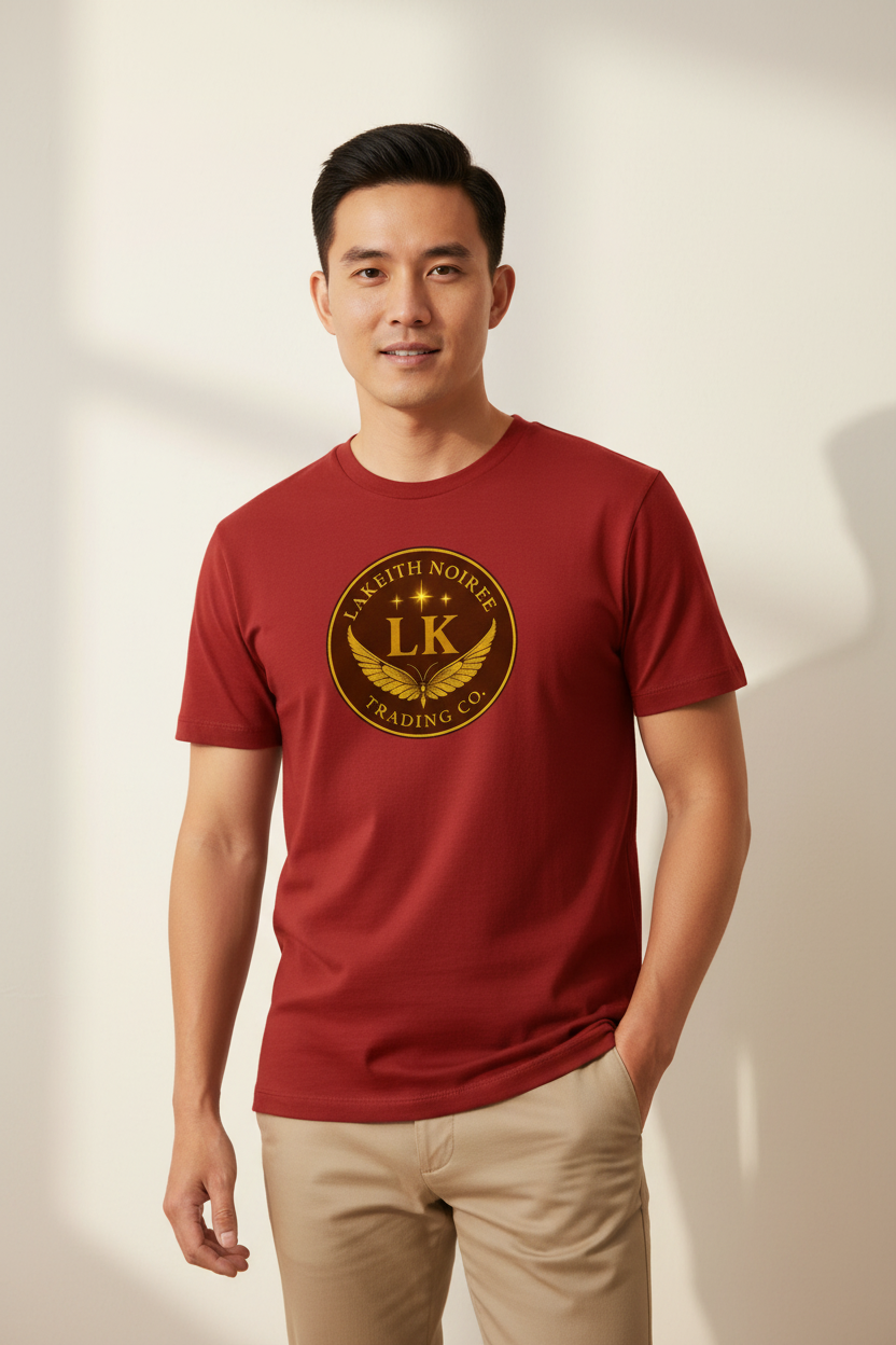 Asian man wearing red LaKeith Noirée unisex organic cotton t-shirt with LKTC logo centered on chest