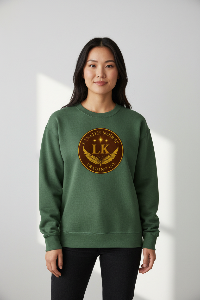 Asian woman wearing bottle green LaKeith Noirée unisex organic sweatshirt with LKTC logo centered on chest