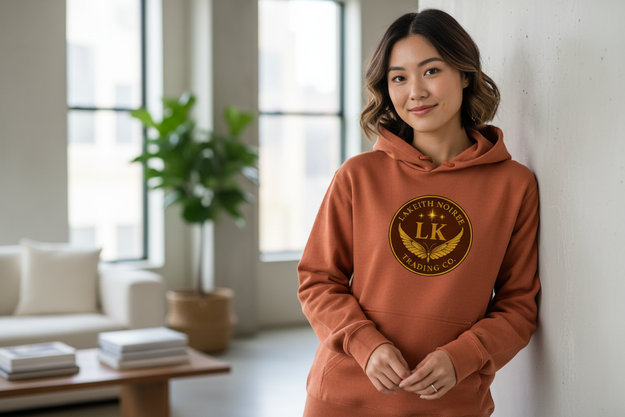 Asian woman wearing clay LaKeith Noirée hoodie