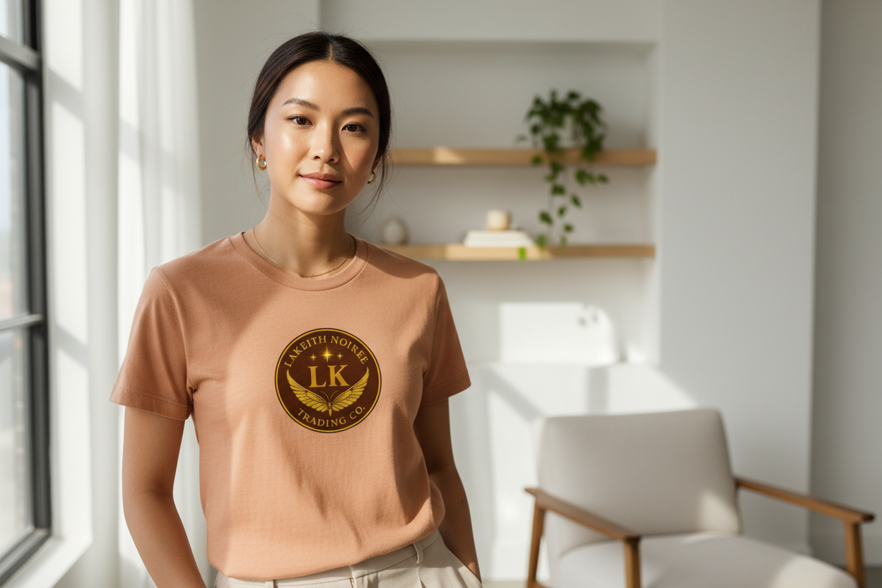 Asian woman wearing desert dust LaKeith Noirée t-shirt