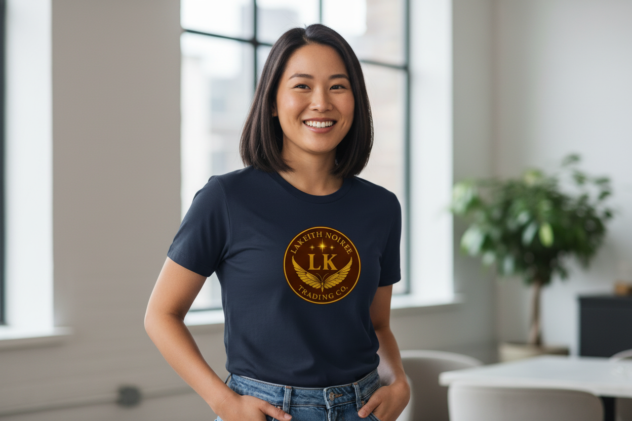 Asian woman wearing French navy LaKeith Noirée t-shirt