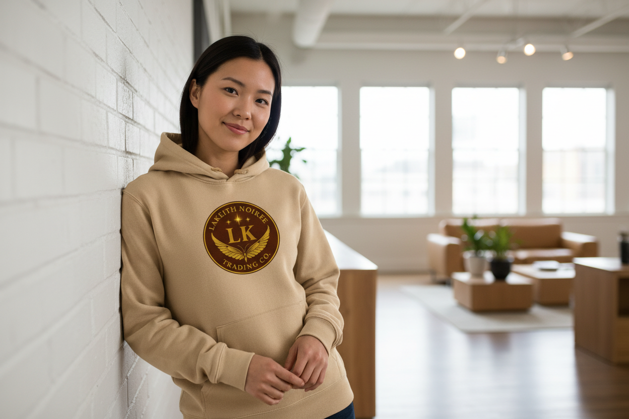 Asian woman wearing sand LaKeith Noirée hoodie