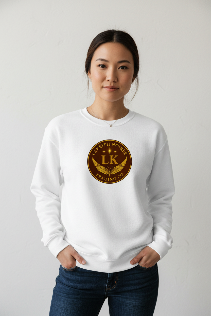 Asian woman wearing white LaKeith Noirée unisex premium sweatshirt with LKTC logo centered on chest