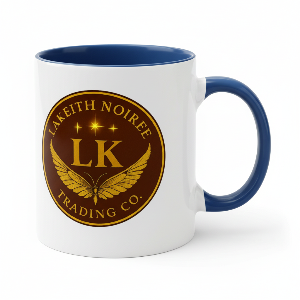  Blue interior & handle - "White ceramic mug with blue interior and handle - LaKeith Noirée Trading Company Logo -Drinkware 