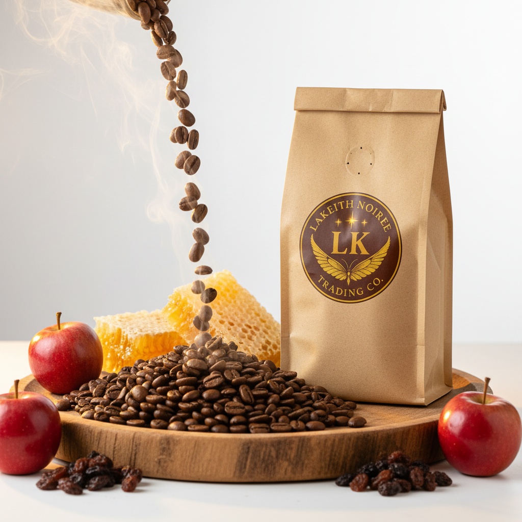 Costa Rican coffee beans pouring from LaKeith Noirée kraft bag