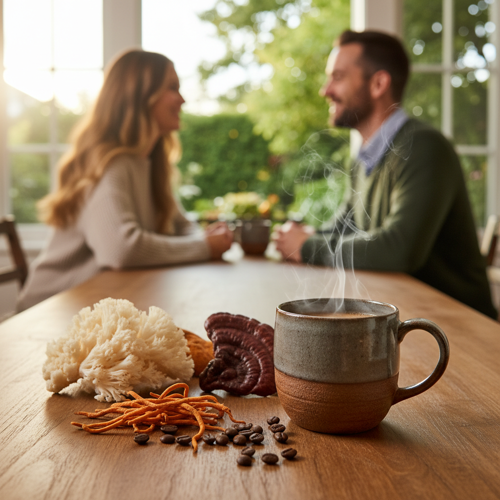 Couple Having Conversation Over Mushroom Coffee - New Mug Color