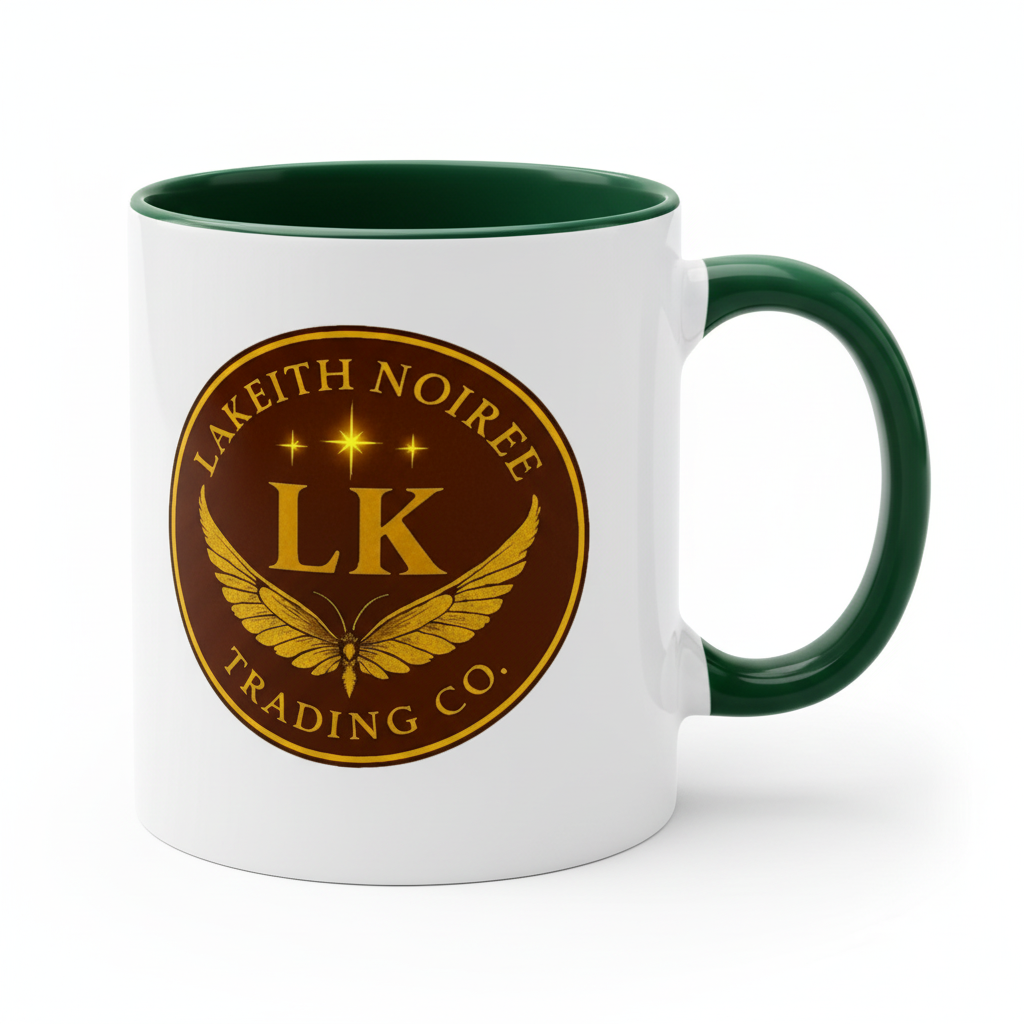 Dark green interior & handle - "White ceramic mug with dark green interior and handle - LaKeith Noirée Trading Company Logo -Drinkware 