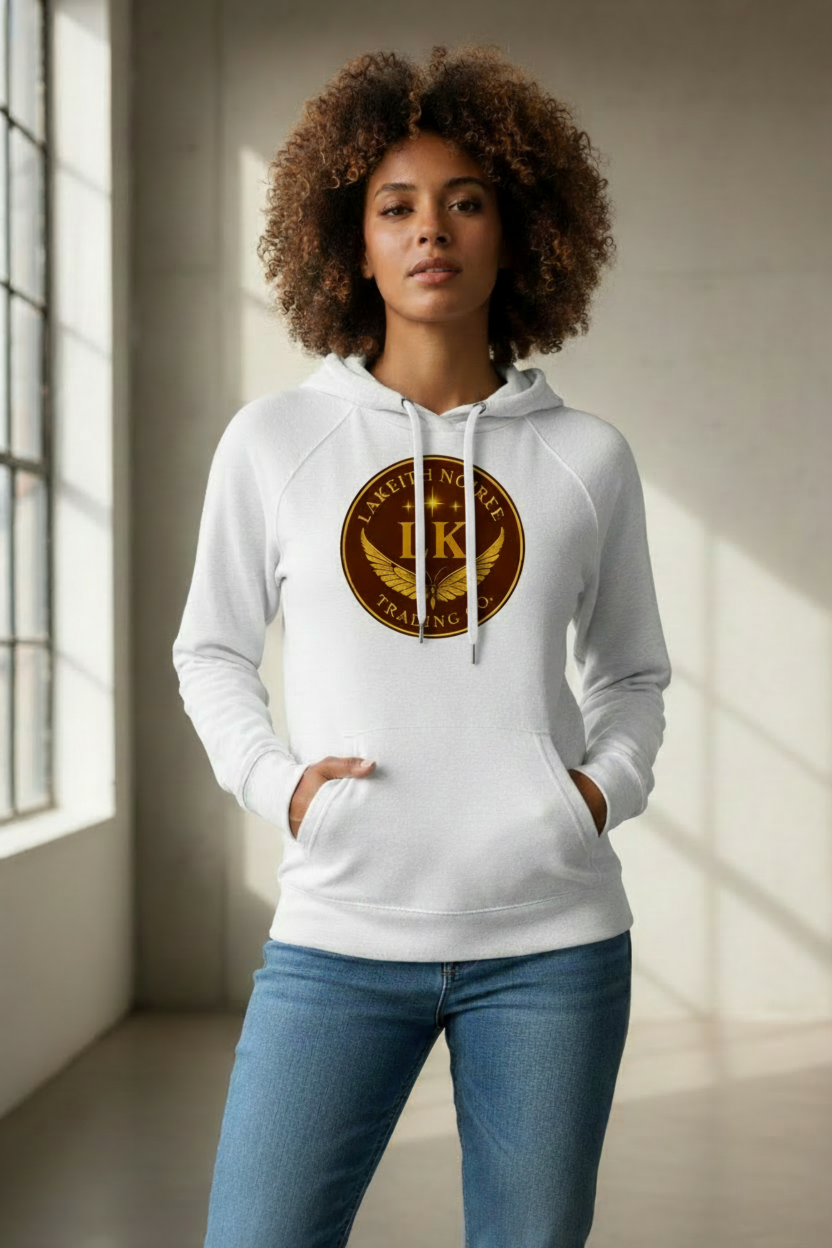 Diverse model wearing white LaKeith Noirée unisex eco raglan hoodie with centered logo and drawstrings