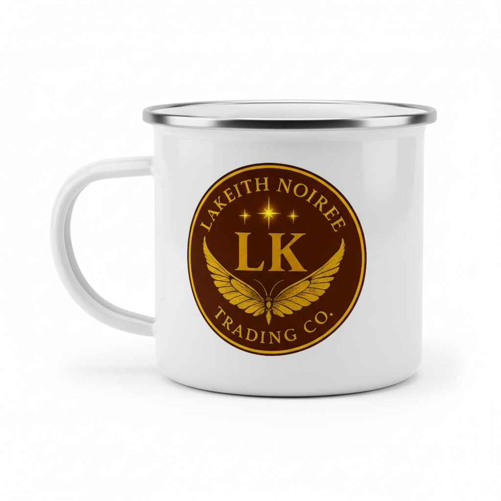 White enamel mug with silver rim, LaKeith Noirée Trading Company logo and handle on left side - premium drinkwaret