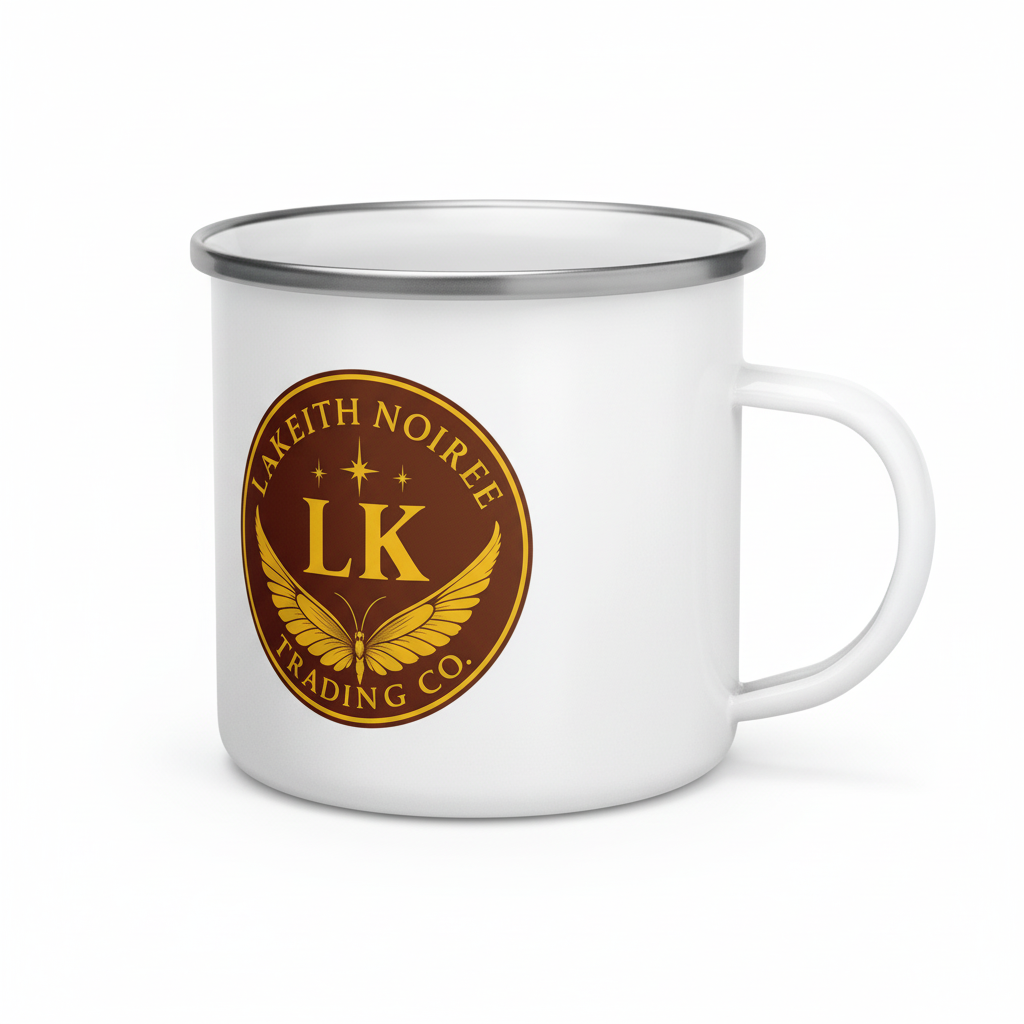 White enamel mug right side view with handle - LaKeith Noirée Trading Company drinkware