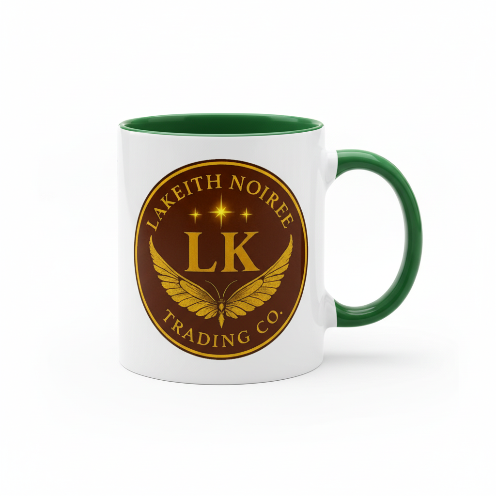 Green interior & handle - "White ceramic mug with green interior and handle - LaKeith Noirée Trading Company  Logo -drinkware 