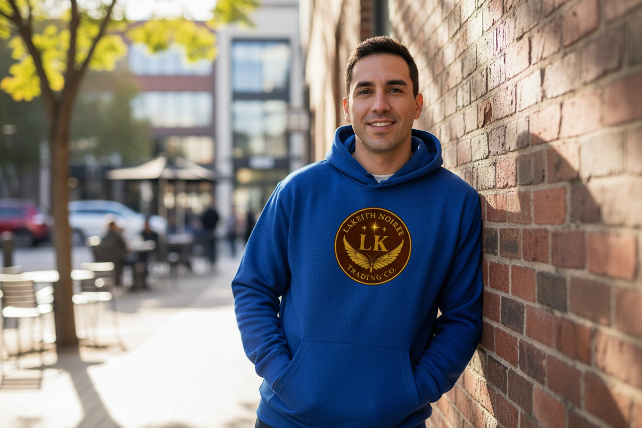 Hispanic man wearing cobalt blue LaKeith Noirée hoodie