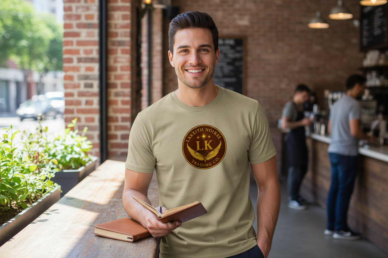 Hispanic man wearing khaki LaKeith Noirée t-shirt