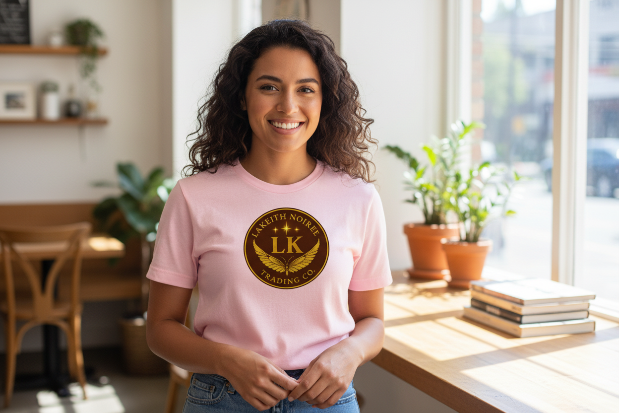 Hispanic woman wearing cotton pink LaKeith Noirée t-shirt