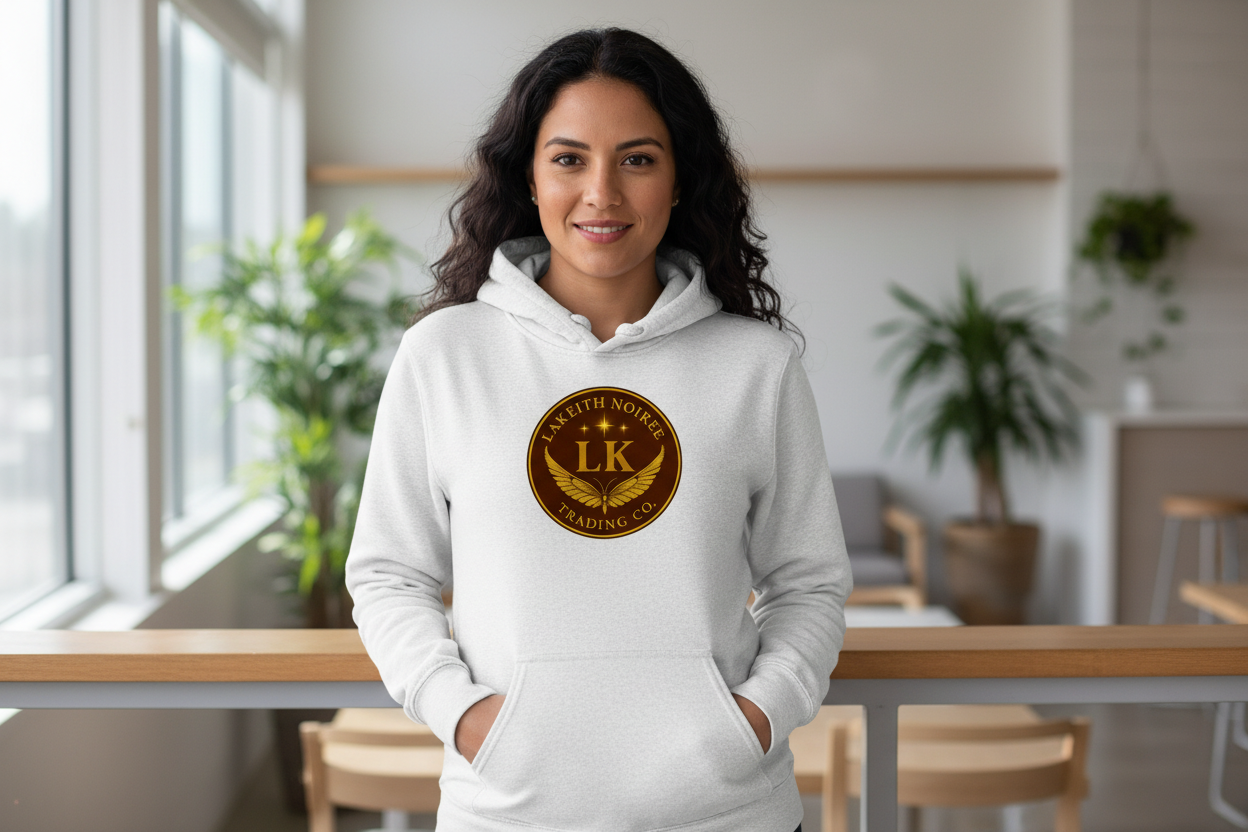 Hispanic woman wearing white heather LaKeith Noirée hoodie