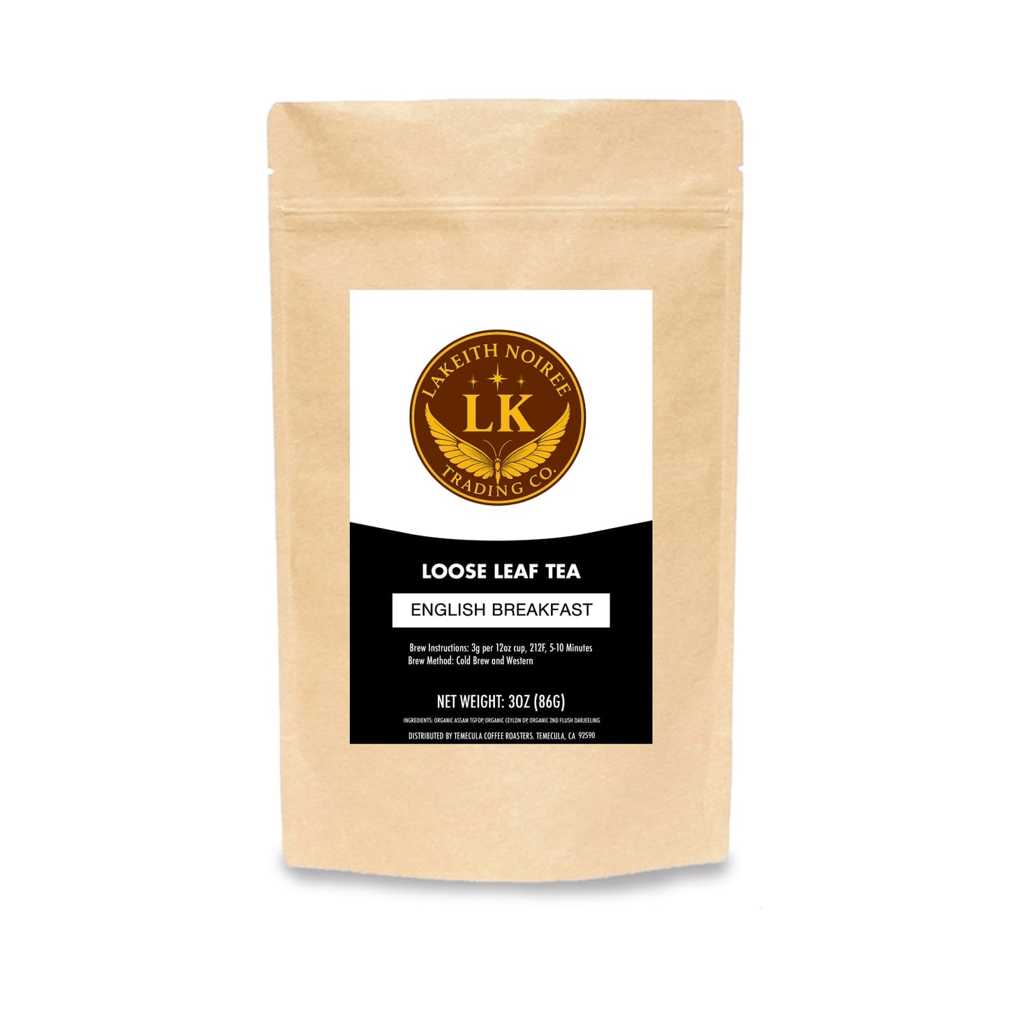 Kraft paper tea bag with a label for English Breakfast tea white background - Lakeith Noiree Trading Company Logo